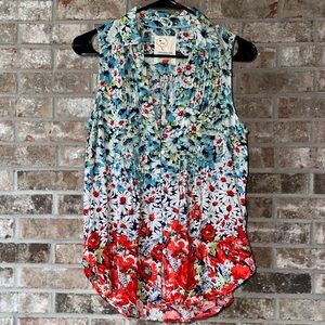 Anthropologie Conversations Blue and Red Sleeveless Tank Top Lightweight Button